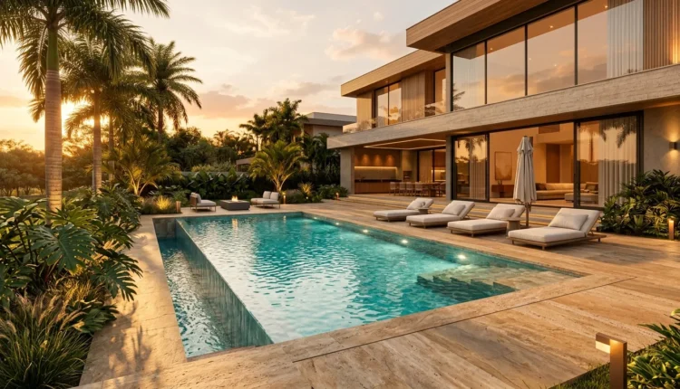 Modern luxury backyard pool at golden hour